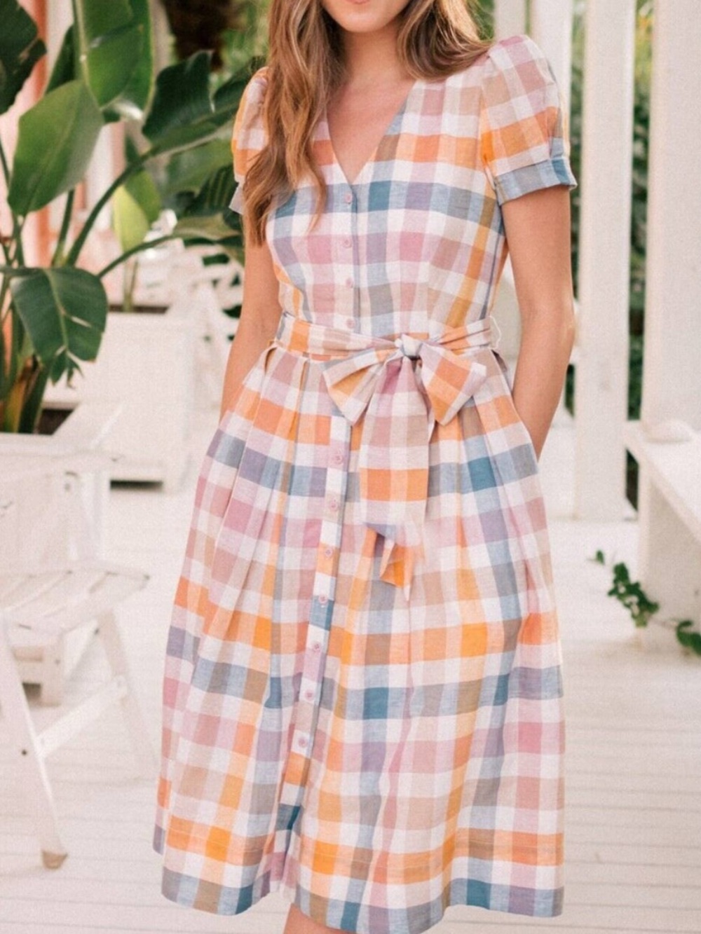 Gal Meets Glam x Anthropologie Poppy Linen Blend Plaid Tie Waist Dress